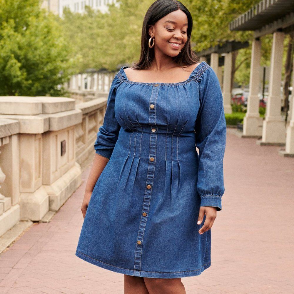 Button Detailed A Line Denim Dress